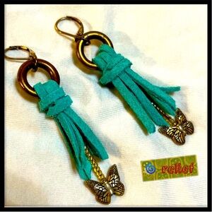 OOAK Handcrafted Suede Tassel Seed Bead Butterfly Earrings